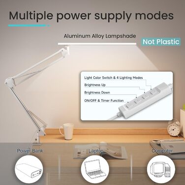 Лампа для робочого столу в офіс, кріпиться на стіл, архітекторська лампа з адаптером QC3.0, лінза Френеля, 5 режимів кольору та регулювання яскравості, лампа-прищіпка з функцією пам'яті, біле освітлення