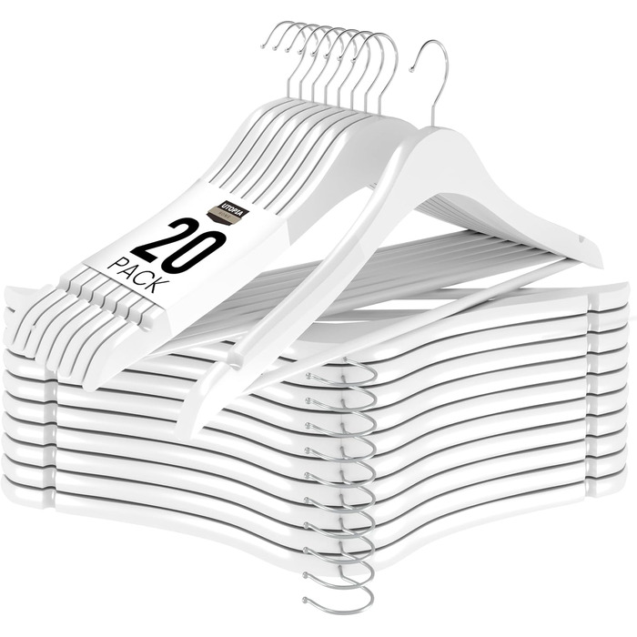 20 шт. плічок для штанів та одягу Utopia Home з дерев'яною перекладиною, білі. Стабільне та тонке виконання для пальто, костюмів, штанів та курток.