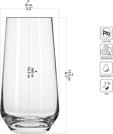 Krosno Water Glasses Highball Glasses Drinking Glasses | Set of 6 | 480 ML | Splendour Collection | Perfect for home, restaurants, and parties | Dishwasher safe