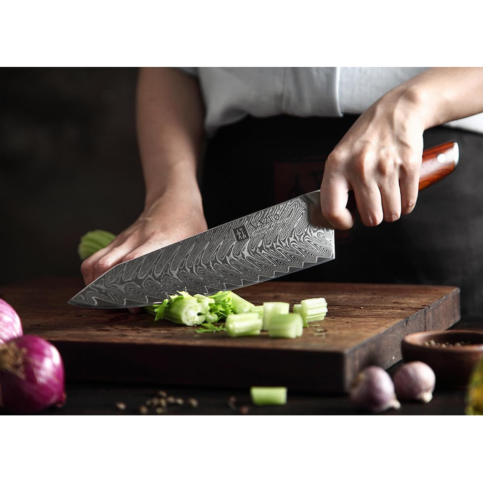 Ніж кухарський XINZUO Damaststahl Kiritsuke 21см, професійний, з ручкою з рожевого дерева, з магнітною підставкою