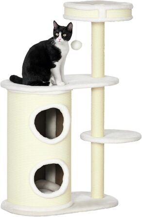 Кігтеточка PawHut для котів 100 см, багатоповерхова з м'яким лежанкою, іграшками, сизалевими стовпами, платформа для котів до 5 кг, кремово-білий котячий комплекс