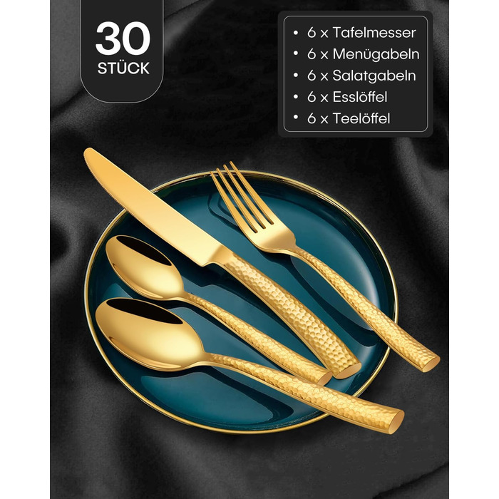 HONKKU 30-Piece Flatware Set, 6 People, Gold, Thickened Stainless Steel Cutlery Set with Hammered Handle, Eating Cutlery Set with Knife, Fork, Spoon, Mirror Polished, Dishwasher Safe