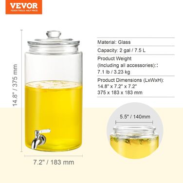 VEVOR Диспенсер для напоїв 7,5 л, скляний із нержавіючим краном, для соку, лимонаду, води, для ресторанів, готелів, вечірок