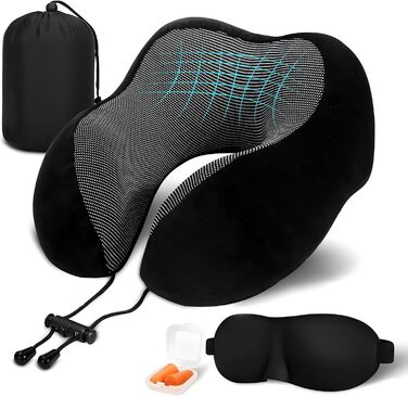Подушка для шиї в літак, поїздки: Memory Foam, регульована, компактна, ергономічна, м'яка, дихаюча з навушниками, маскою для сну, чохлом (Чорний)
