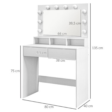 Тюль для макіяжу HOMCOM з LED-підсвічуванням, туалетний столик зі дзеркалом, регульована яскравість, туалетний столик з 2 ящиками, відкриті полиці, для спальні, білий | Aosom