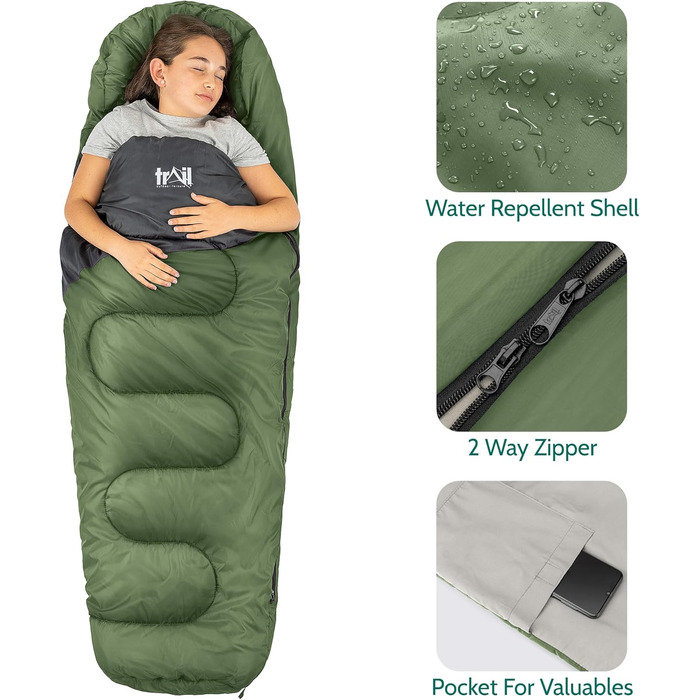 Дитячий спальний мішок Trail Mumienschlafsack 3 сезони для кемпінгу – 300gsm – для хлопчиків та дівчаток – з легким рюкзаком (Хакі)
