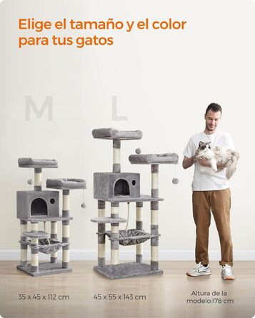 Дерево для дряпання Feandrea, 112 см, багатоповерхове, з 11 стовпчиками для дряпання, 2 платформами, будиночком та гамаком, 2 іграшками, сірий, PCT215W01