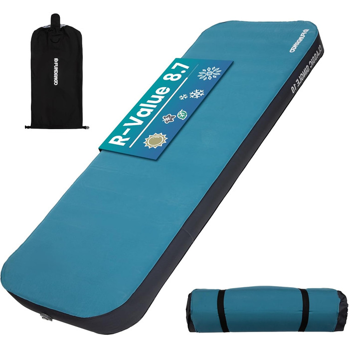 Килимок для кемпінгу Fundango самонадувний, 9.5 R-значення, піна-пам'ять, 10 см товщина, 3D посилення, м'яка оксамитова поверхня, для намету, подорожей на авто (одинарний та подвійний розмір)
