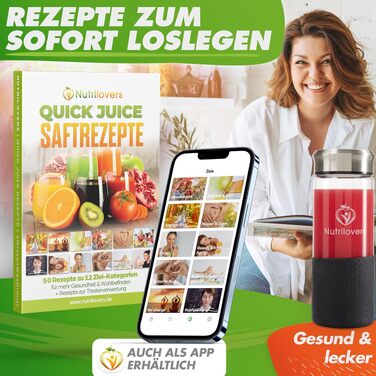 Центрифужна соковижималка Nutrilovers QUICK-JUICER MAX для овочів та фруктів, 800 Вт, XXL завантажувач, сталевий фільтр, зовнішній контейнер для м'якоті, BPA-free, з пляшкою та книгою рецептів