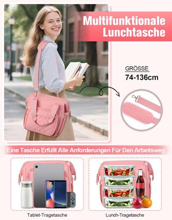 Сумка-холодильник 20 л, рожева: ізольована сумка-ланчбокс з PEVA-підкладкою, кілька відділень та плечовим ременем для роботи, школи, авто, пікніка