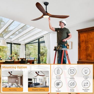 Дзеркальний вентилятор для стелі з дерева, без освітлення, з дистанційним керуванням, тихий, для вологого приміщення (132 см/52 дюйми, коричневий, 3 лопаті)