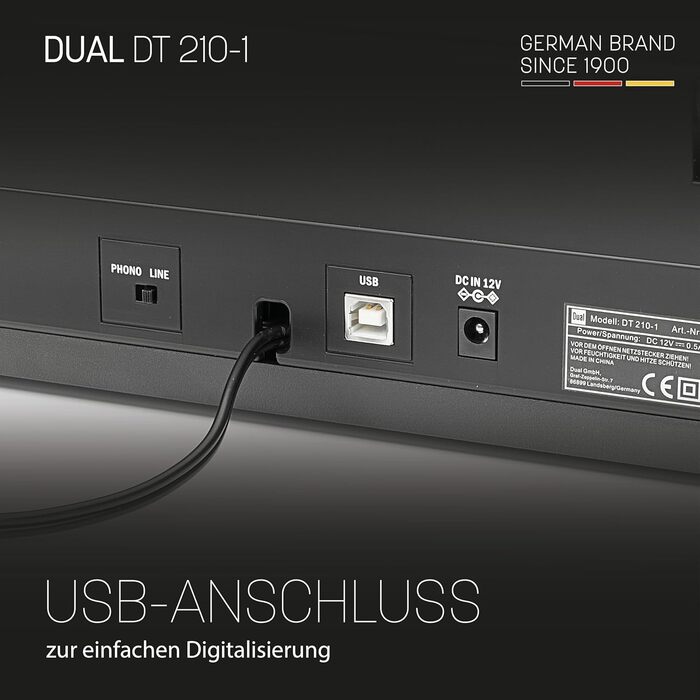 Програвач вінілу Dual DT 210-1 USB: 2 швидкості, магнітний звукознімач, ремінний привід, USB для оцифрування, чорний
