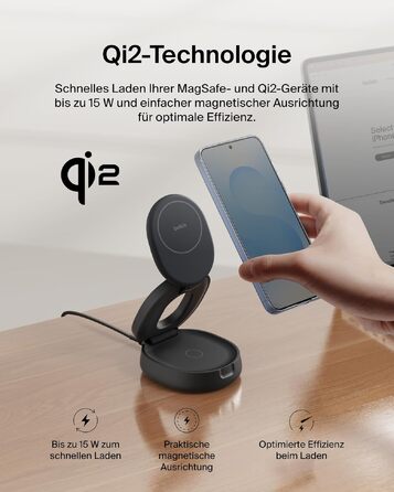 Бездротова зарядна станція 2-в-1 Belkin BoostCharge Qi2 15W MagSafe для iPhone 17, AirPods, Pixel, з блоком живлення 30W, чорна