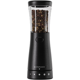 Salt and pepper grinder, electric spice grinder made of stainless steel, one-handed operation, LED light, and adjustable coarseness, Black