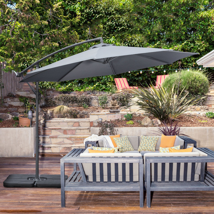 Outsunny Patio Umbrella Ø2.92 m with Hand Crank, Garden Umbrella including Weights & Canopy Cover, Steel Cross Base, Oxford Dark Grey