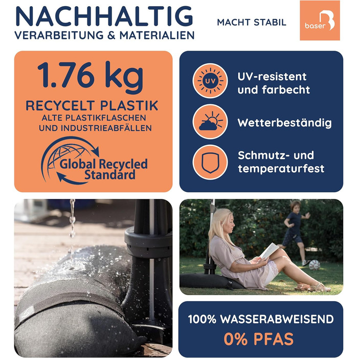 Base umbrella stand with fillable sandbags as weights (30 to 50 kg), for umbrella diameters up to 3.3 m, manufactured in Denmark from recycled material