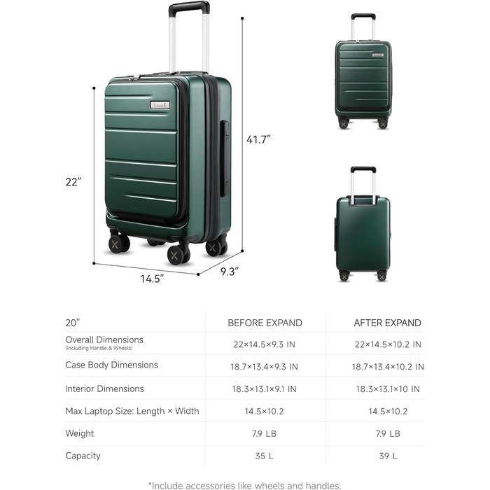 Чемодан-валіза LUGGEX з відділом для ноутбука – Розширюваний жорсткий кейс з полікарбонату з TSA-замком (56x38x24 см) (Зелений)
