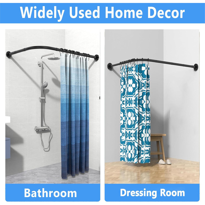 Штанга для душової завіси чорного кольору L-подібної форми, розширювана, з нержавіючої сталі 304, без свердління, для ванної кімнати/ванни (70-95 см x 70-95 см)