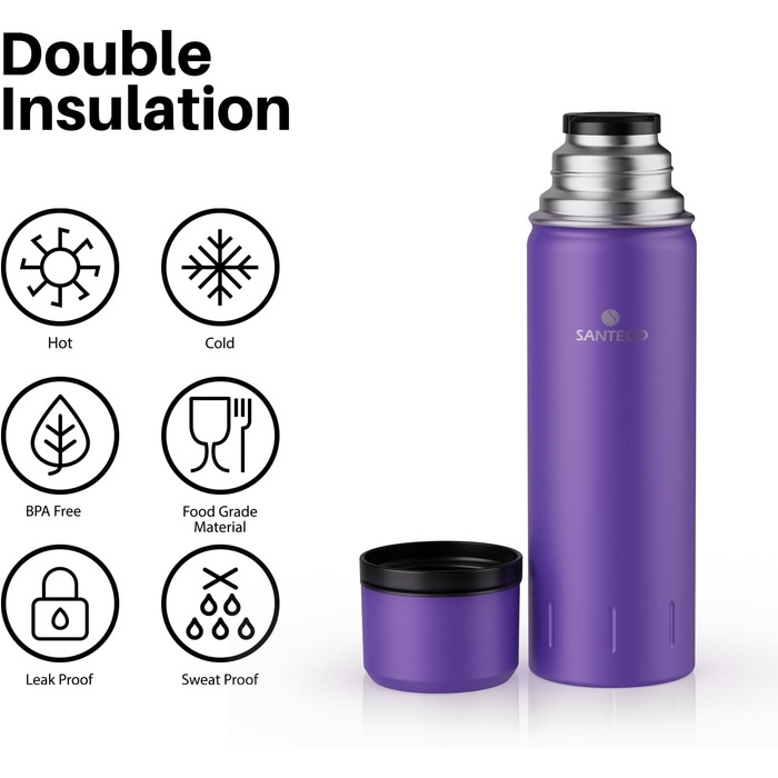 Термос-термокана з нержавіючої сталі SANTECO 1л, 500мл, 1000мл, з кришкою-чашкою, для дітей, спорту, без BPA, 24 год холод, 12 год гарячий (фіолетовий)