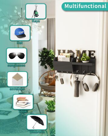 Держатель для ключів HapiRm з декором HOME, дерев'яне ключникове дошка з 7 гачками, з полицею. Підходить для входу, дверей, коридору, спальні, офісу (чорний)