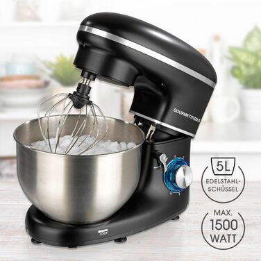 Gourmetmaxx Kitchen Machine with Kneading and Whisking Function | Powerful kitchen machine with a large 5-liter stainless steel bowl and direct drive | Includes mixing attachment, dough hook & whisk [1,500 watts] Metallic Black