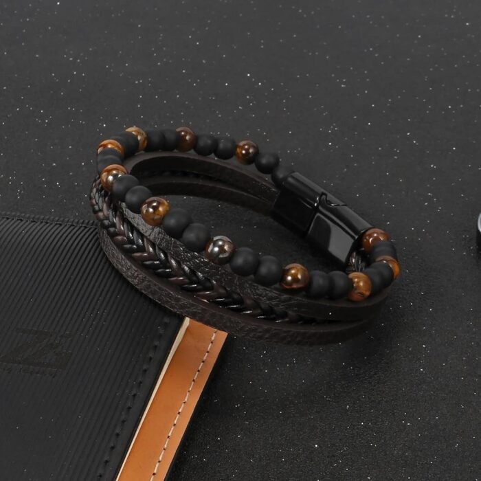 Чоловічий браслет з натуральної шкіри, плетіння ручної роботи. Браслет для чоловіків зі сталевою застібкою, шкіряний браслет з телячої шкіри, широкий браслет з магнітною застібкою, браслет з тигровим оком (21 см)