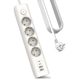 Мережевий фільтр Steckdose 8 в 1 з USB, 3680W з вимикачем, 16A з 2 USB-C, для смартфонів, ноутбуків, iPad, білий кабель 1.8м