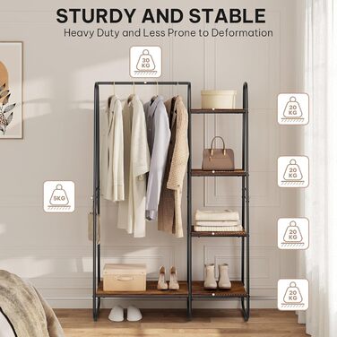 Clothes Rack, Stable Wardrobe, Clothes Rail with 5 Shelves, 6 Hooks, Black Metal Coat Rack, Freestanding Coat Stand