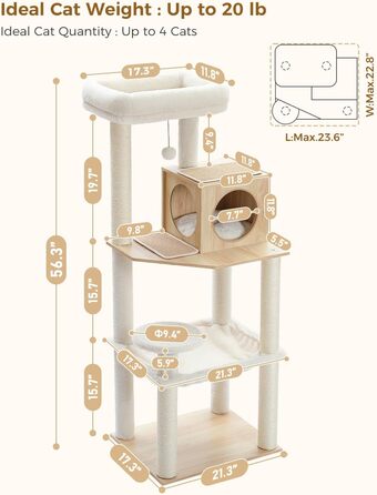 Дерев'яний кігтеточка для котів Petpela Katzenbaum 143см з гамаком та лежаком, обтягнутий сизалевим мотузком, бежевий