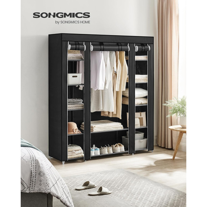 SONGMICS Wardrobe, Fabric Clothes Closet, with Clothes Rail and Shelves, Fabric Cover, for Bedroom, Dressing Room, 150 x 45 x 175 cm, Black LSF03H