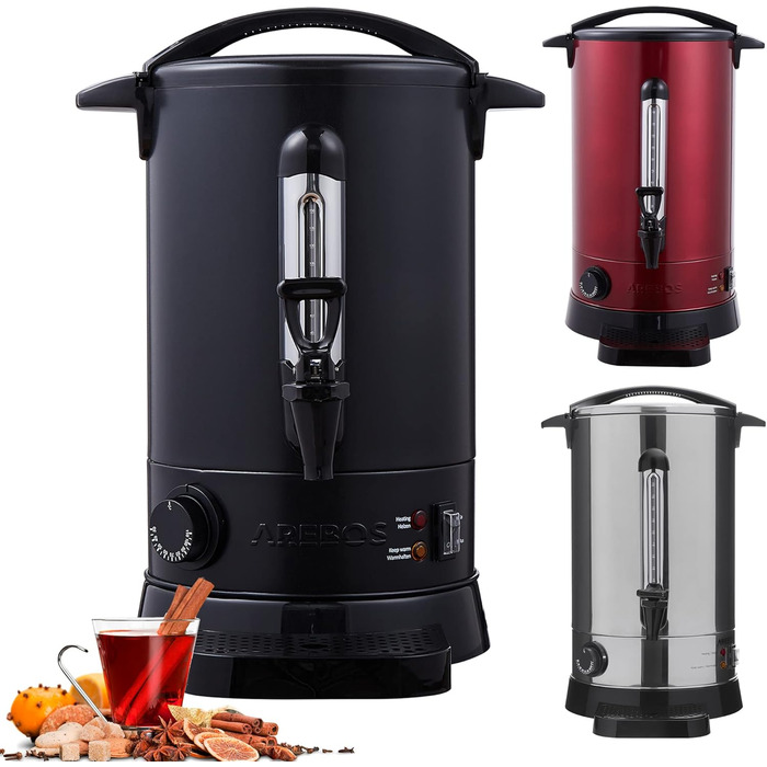 Arebos Glühwein Cooker 1650 W | Hot Beverage Dispenser | 20 L | with Drip Tray, Tap, Thermostat, and Overheating Protection | Temperature Setting from 30-110 °C (Black)