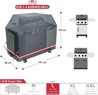 Водонепроникний чохол для гриля Turtle Life 147x66x119 см, для газових грилів 2-4 пальника Taino/Enders, чорний, захист від вигорання 2 роки