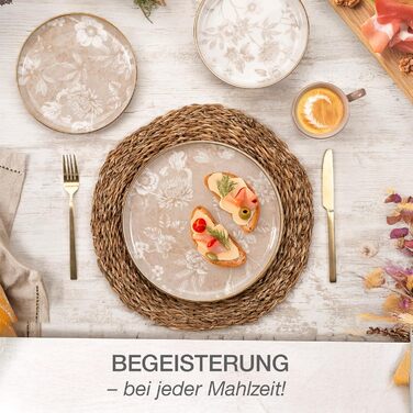 Набір посуду Moritz & Moritz MARIELLA Steingut 12 осіб, 48 предметів - Сучасний сервіз у бежевому кольорі з ігровим дизайном, легкий у догляді, з тарілками, чашками та салатниками - Комбінований сервіз