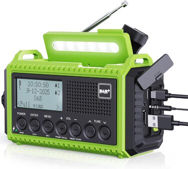Радіо DAB/DAB+/UKW з вбудованим акумулятором 5000mAh, сонячне радіо, радіо для надзвичайних ситуацій з USB-зарядкою, радіо для кемпінгу з LED-ліхтариком, SOS-сигналом, портативне радіо з ручним приводом для активного відпочинку (зелене)