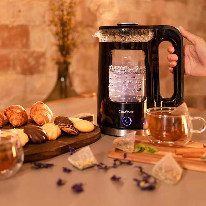 Скляний електричний чайник Cecotec ThermoSense 340 Clear, 2200 Вт, 1.7 л, з функцією підігріву води та LED-індикатором, чорний