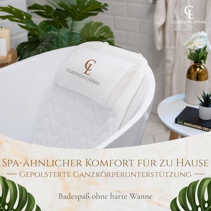 Bathtub Pillow Full Body Bath Pillow (125x43cm) - Bathtub Mat with Headrest Supports Neck, Back, and Legs - With Wash and Travel Bag and Hanging Hooks for Quick Drying - White