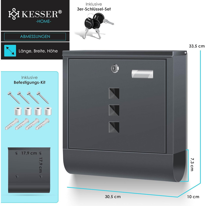 Поштова скринька KESSER® з газетницею та іменним табличкою, нержавіюча сталь, антрацит. Замок на 3 ключі, з віконцем, порошкове покриття, настінний монтаж