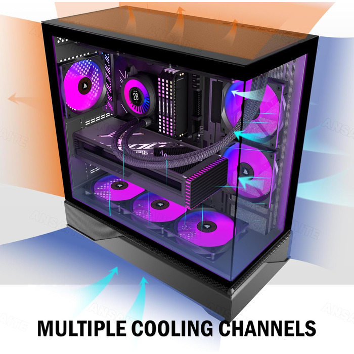 Ігровий корпус для ПК ANSAITE ATX Mid-Tower, 6 ARGB PWM вентиляторів, панорамне загартоване скло, USB Type-C, підтримка радіатора 360мм, чорний/фіолетовий