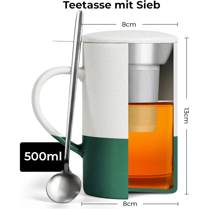 Набір чашок для чаю Miamio 2 шт по 500 мл з кришкою та ситом, керамічні чайники з чайним ситом та ложкою для заварювання листового чаю, подарунок для жінок, безпечні для мікрохвильової печі та посудомийної машини (Темно-зелений)