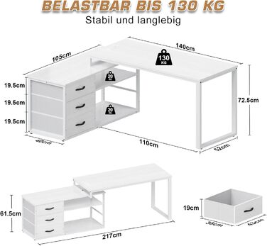 TriumphKey L-Shaped Desk with 3 Drawers & Storage, 140 x 105 x 75 cm - Reversible Corner Desk with USB Charging Ports & Power Outlets, White