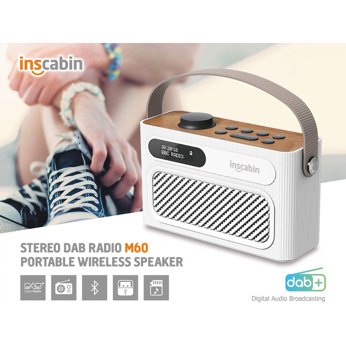 Inscabin M60: Портативне DAB/DAB+ FM-радіо з Bluetooth, стерео та подвійним будильником. Акумуляторний, стильний дизайн (білий)