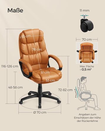 Крісло офісне SONGMICS для офісу та дому, крісло для комп'ютера, регульована висота, оббивка, OBG22B (карамельний колір, 53 x 51 x (112-122) см)