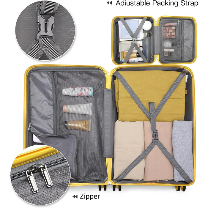 Валіза на 4 колесах, міцна та легка, з TSA-замком та YKK-блискавкою, тихі колеса. Ручна валіза з косметичкою (Жовтий, косметичка)
