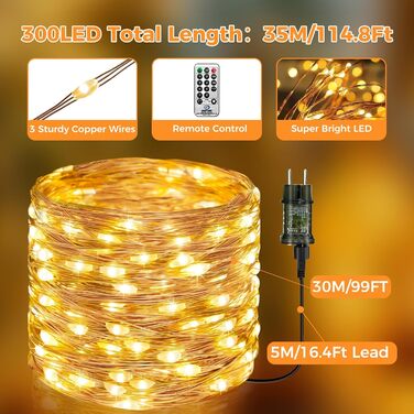 LED гірлянда 30 метрів з пультом, тепле світло - для декору дому, саду, вечірки, шлюбу. Водостійка, 8 режимів, таймер.