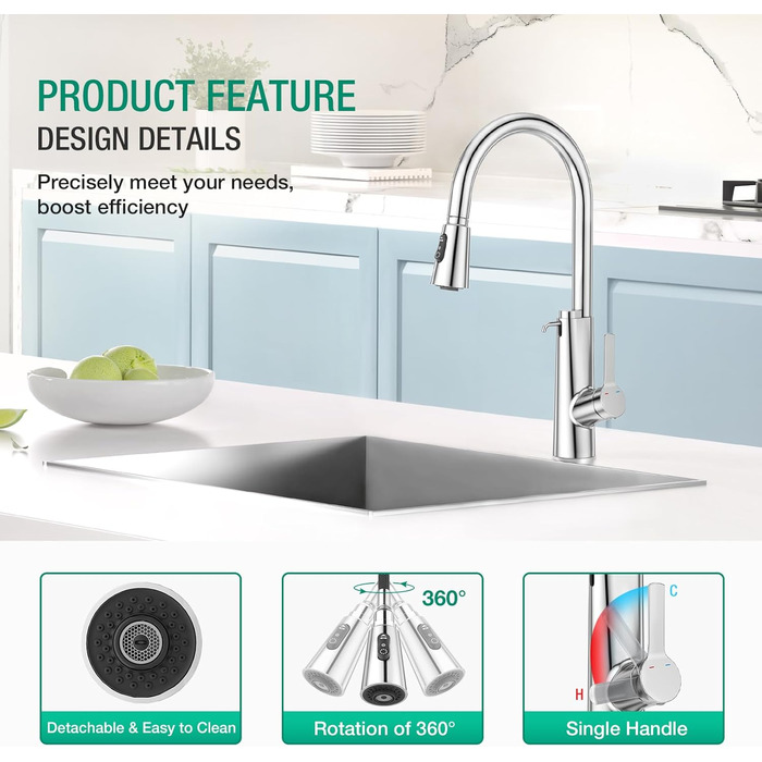 Кран кухонний CREA Wasserfall висувний з дозатором мила, нержавіюча сталь, 360° оберт, 4 режими, хром