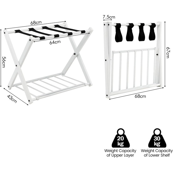 GIANTEX Folding Luggage Rack 2-Tier 68 x 43 x 58 cm Luggage Shelf Baggage Rack Metal Space-Saving Suitcase Stand for Bedroom Guest Room Hotel Black (2 Pieces, Black) (1 Piece, White)