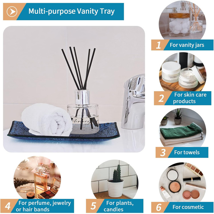 4-Piece Mosaic Glass Bathroom Accessory Set, Modern Luxury Bathroom Ensemble, including Soap Dispenser, Cotton Swab Holder, Toothbrush Holder, Vanity Tray (Glossy Blue)