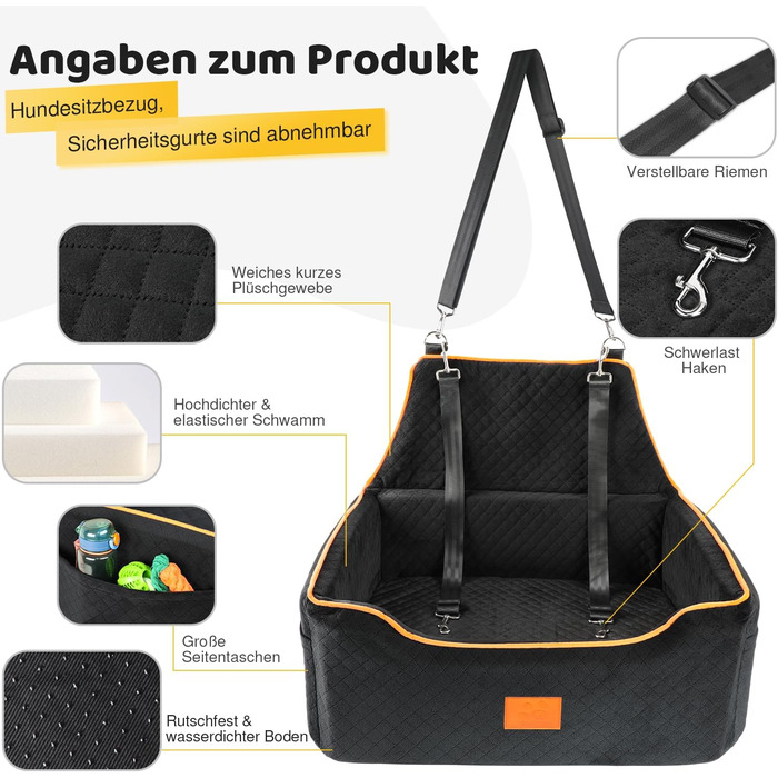 GL GLENSLAVE Dog Car Seat for Medium/Large Dogs - Elevated Pet Seat for Dogs Up to 25kg or 2 Small Dogs - Removable & Washable with Thick Cushions & Storage Pockets (Black)