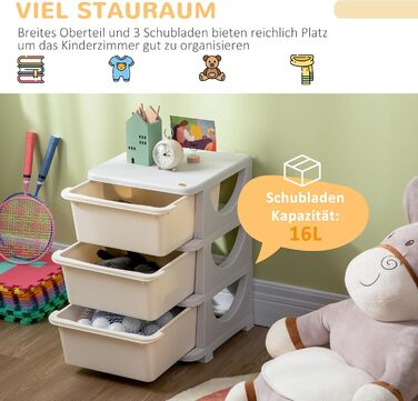 HOMCOM Kids' Storage Drawer Cabinet with Storage Boxes, Toy Organizer, Toy Chest, Three Tiers for Kids' Rooms, 3-6 Years, Children's Furniture, 37 x 37 x 56.5 cm (37L x 37W x 56.5H cm, Cream White)