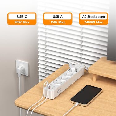 Мережевий фільтр 4 розетки з 2 USB-A та 2 USB-C (PD20W), захист від перенапруги, вимикач, 2м кабель, для дому/офісу, білий